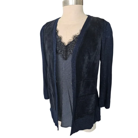 Ecru Deep Blue Linen & Suede Leather  Cardigan - Picture 7 of 11